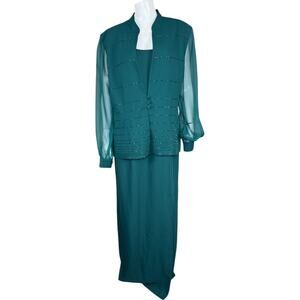 J.R. Nites by Caliendo Green 2-Piece Evening Dress and Jacket Size 14 Sheer NWT